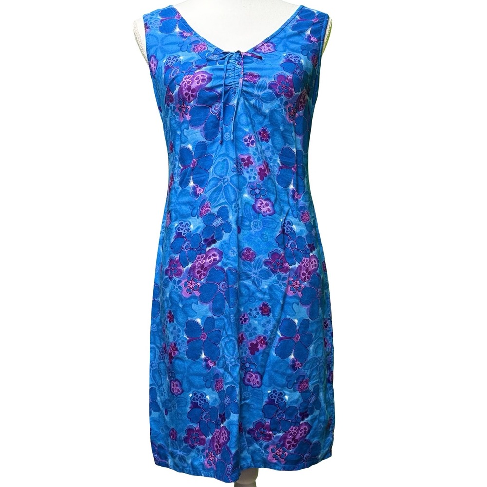 Y2K Blue Purple Floral Midi‎ Dress Womens Size 6 Tropical Whimsy